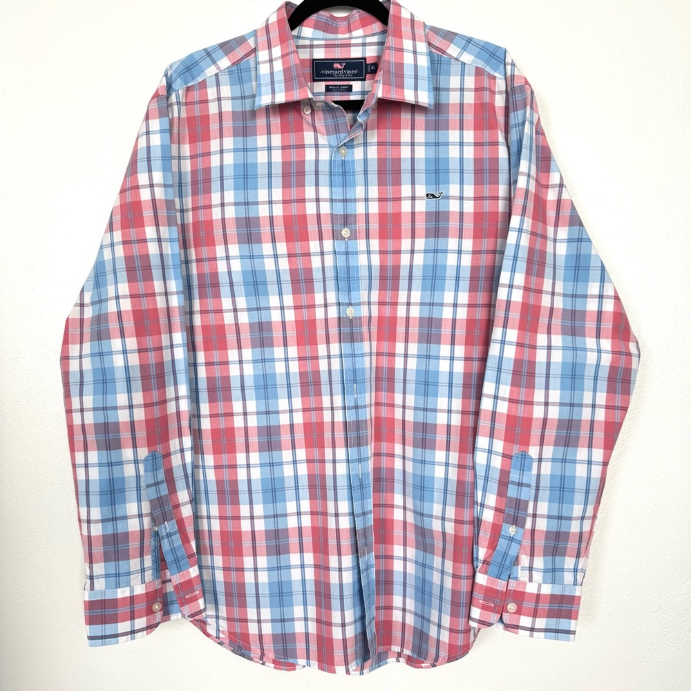 Vineyard Vines Whale Shirt Men’s XL Blue Pink Plaid Button Down‎ Cotton Preppy
